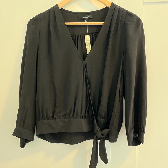 Madewell Black Silk Long Sleeve Wrap Top - Picture 4 of 6